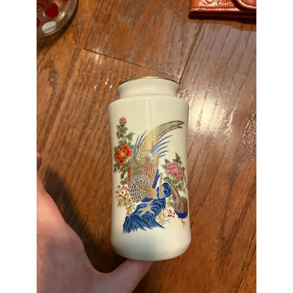 Vintage‎ Japanese Bud Vase Pheasant Floral Gold Gilt Cream 6 in